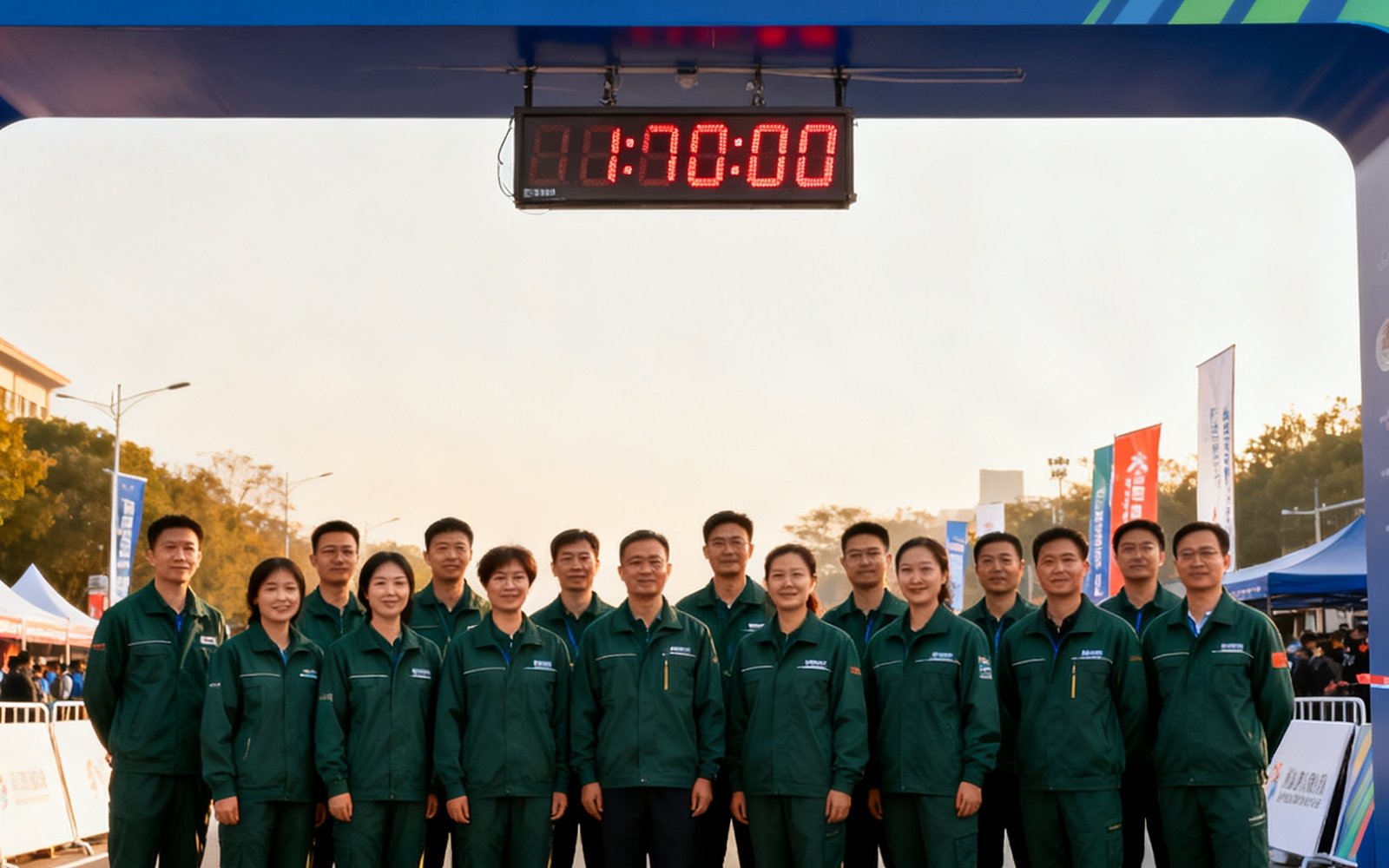 beat365团队约20人身穿统一深绿色工作服在马拉松终点线前合影，背后可见计时器显示屏
