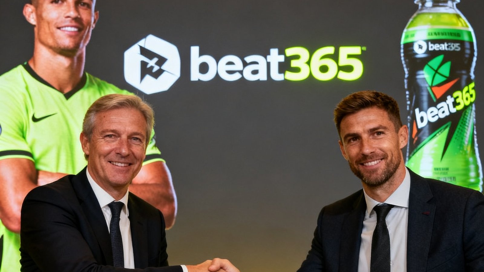 一家运动饮料品牌与beat365运动员在发布会上握手签约，背景板展示双方logo
